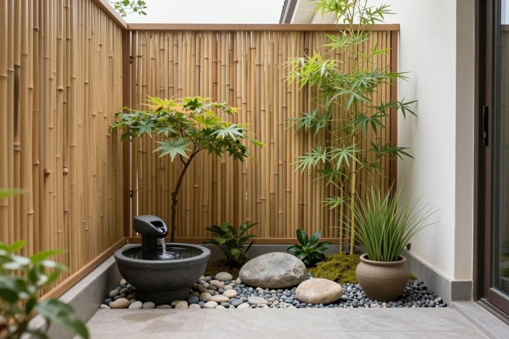 A small zen-inspired balcony garden with minimalist design, bamboo elements, and a small water feature
