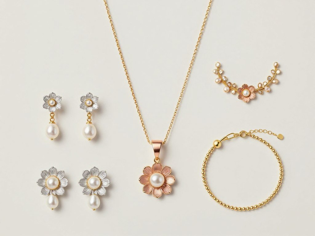 A styled arrangement of spring-appropriate jewelry for wedding guest outfits including pearl and floral-inspired pieces
