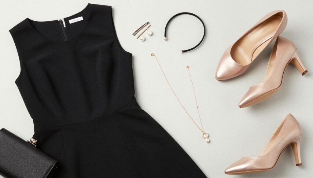 A styled display of accessories paired with a black graduation dress including jewelry, shoes, and a clutch