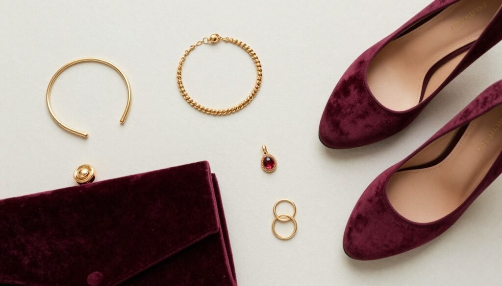 A styled flat lay of fall wedding guest accessories including gold jewelry, a velvet clutch, and burgundy heels against a neutral background