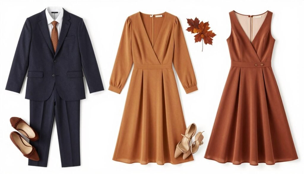 A styled flat lay of three different fall wedding guest outfits representing formal, semi-formal, and cocktail dress codes with appropriate accessories