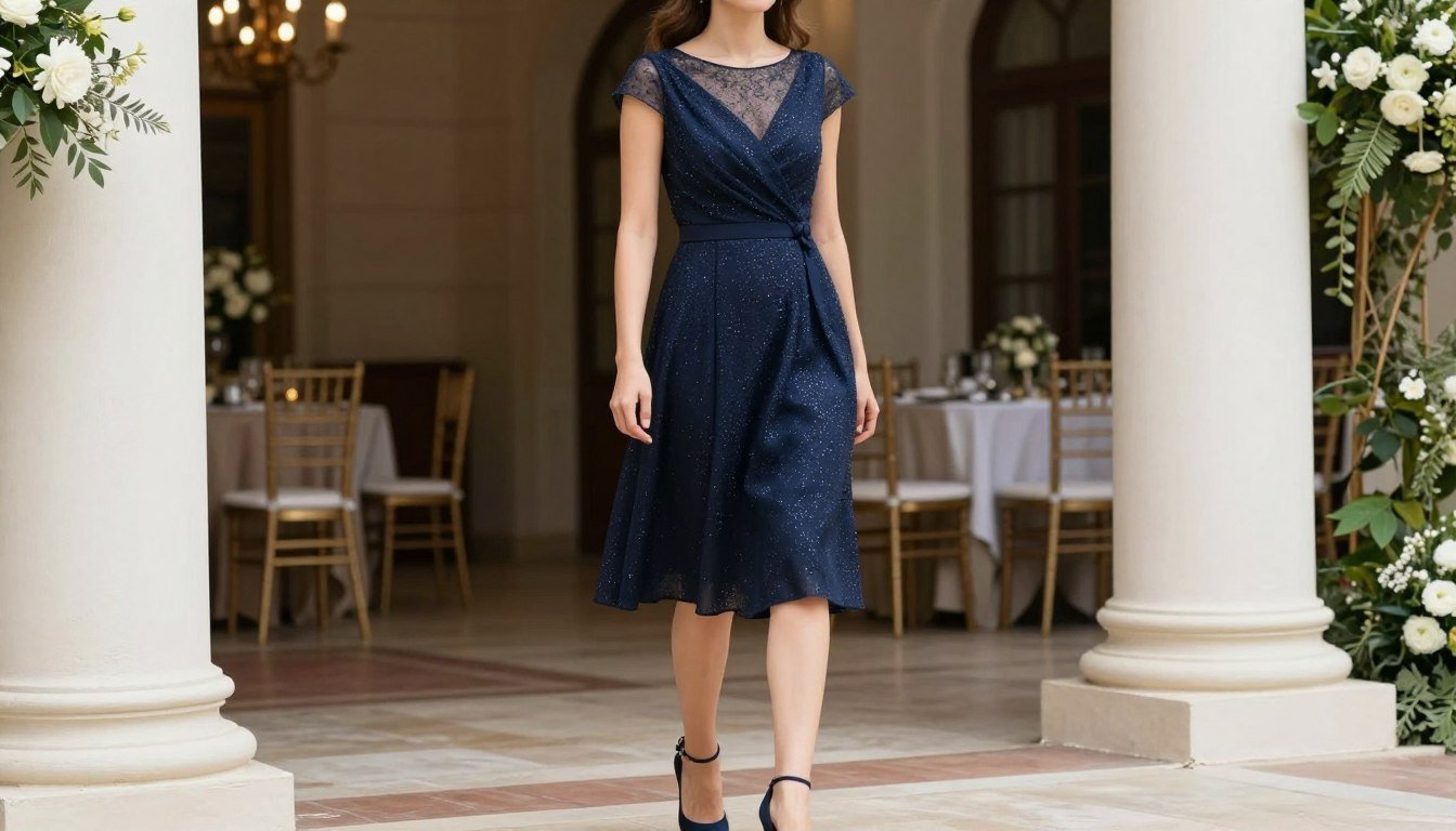 A stylish wedding guest in cocktail attire arriving at an elegant venue