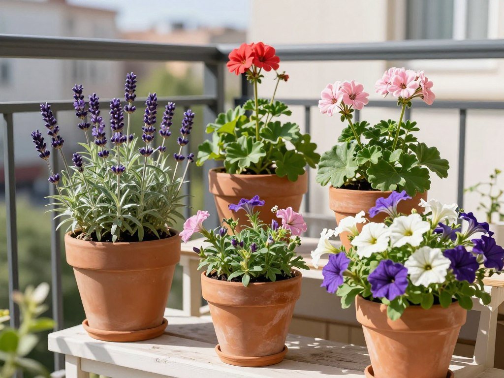 A sunny balcony garden with colorful flowering plants in various containers