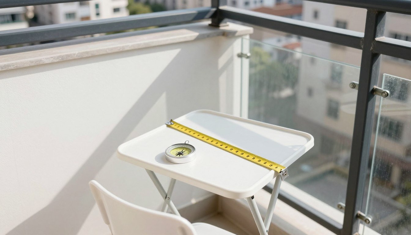 A sunny small balcony with measurement tape and compass showing how to assess sunlight and space