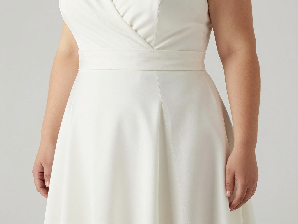 A tailored plus size wedding guest dress showing perfect fit