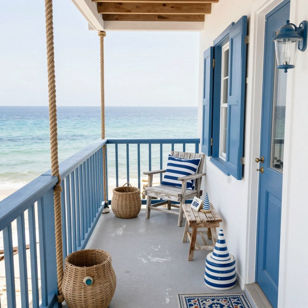 A tiny balcony with blue and white color scheme, natural textures, and nautical elements