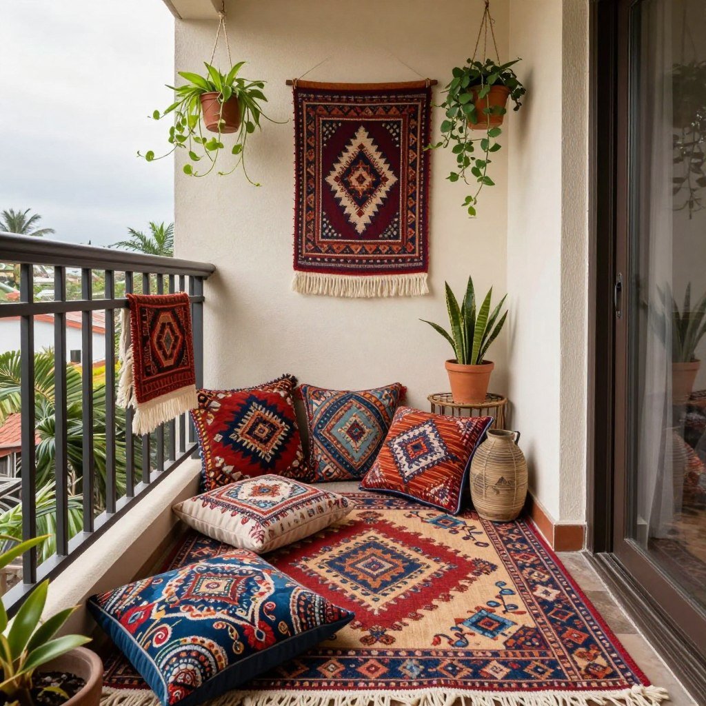 A tiny balcony with layered textiles, mixed patterns, and abundant plants creating a bohemian feel