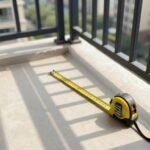 A tiny balcony with measuring tape showing dimensions and sun patterns