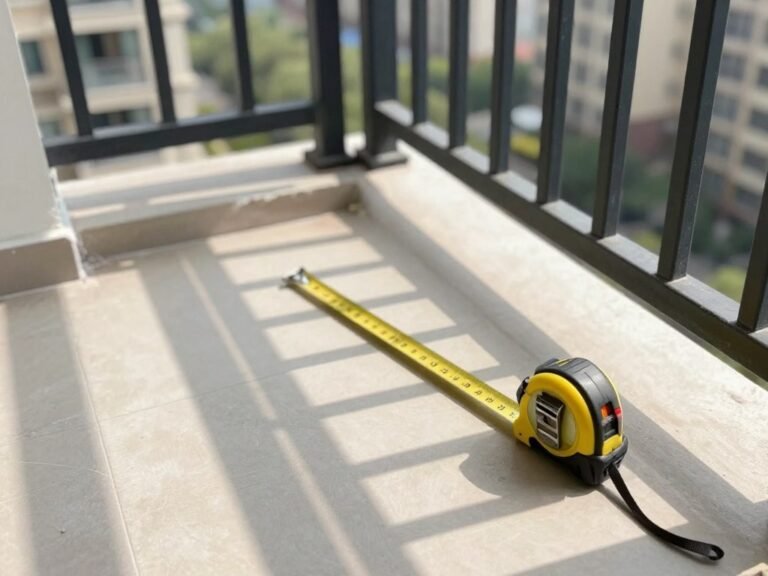 A tiny balcony with measuring tape showing dimensions and sun patterns