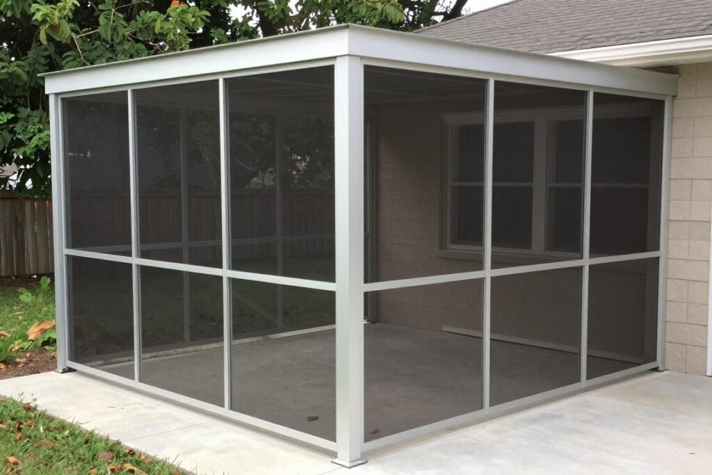 A transformed patio with newly added screens creating a cozy screened in porch
