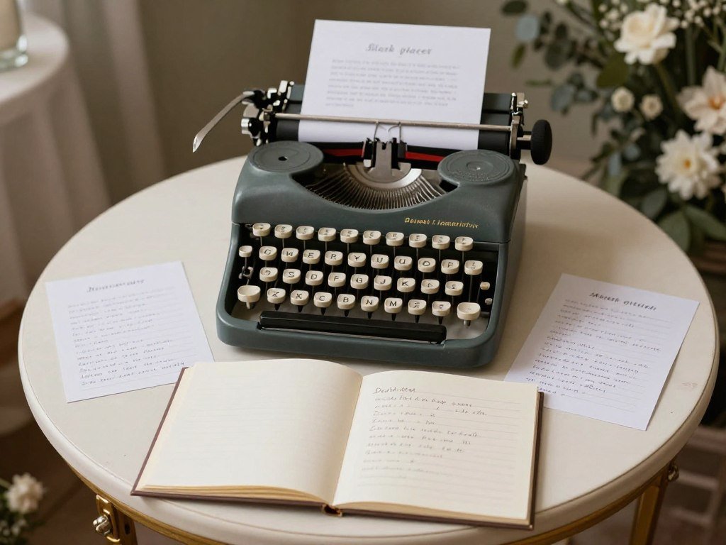 A typewriter guest book with typed messages from guests
