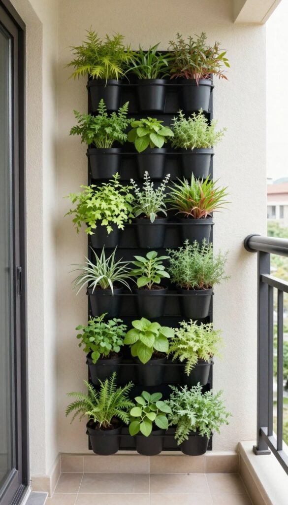A vertical garden system on a small balcony wall with various plants and herbs growing in tiered planters