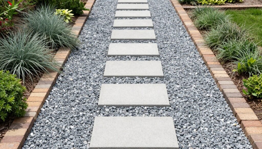 A walkway made with budget-friendly gravel and stepping stones