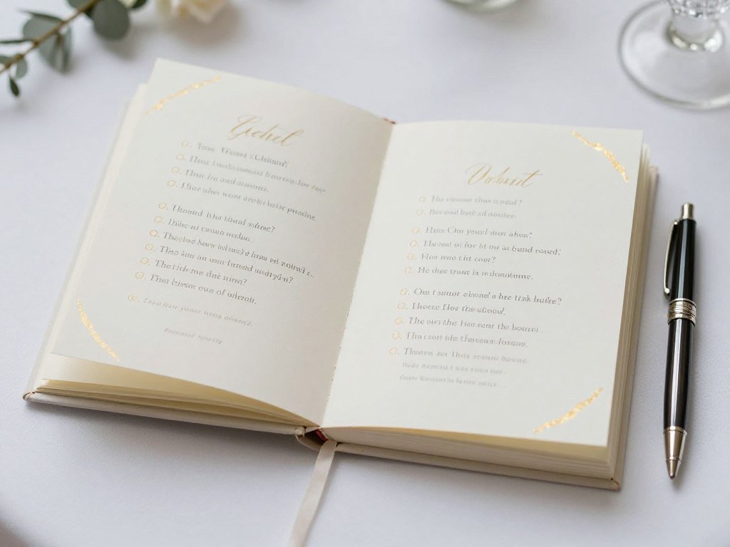 A wedding guest book with prompts for guests to fill out