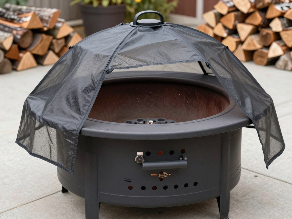 A well-maintained backyard fire pit with a protective cover
