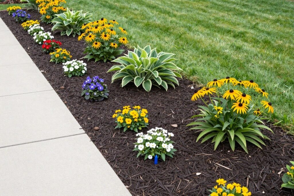 A well-maintained front yard with mulched flower beds, clean edging, and colorful plants