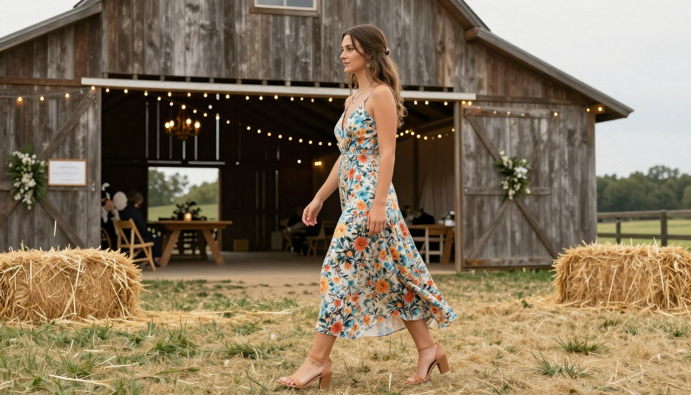 A woman in a floral maxi dress walking through a rustic country wedding venue with barn and string lights in background