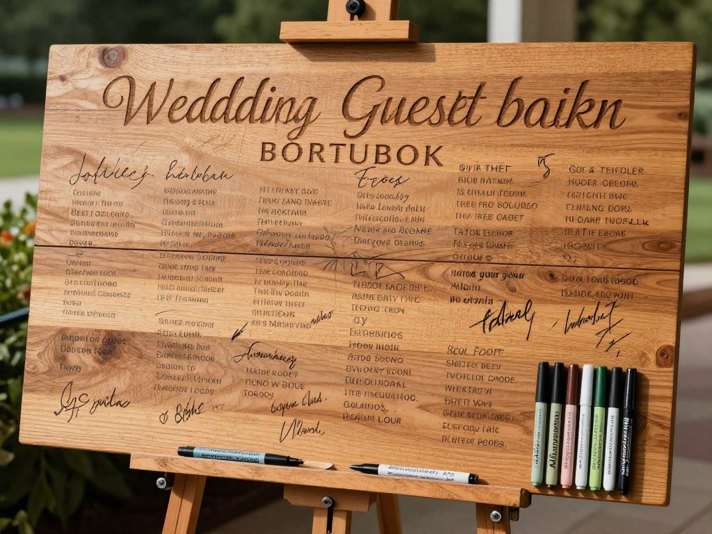 A wooden sign guest book with signatures and messages