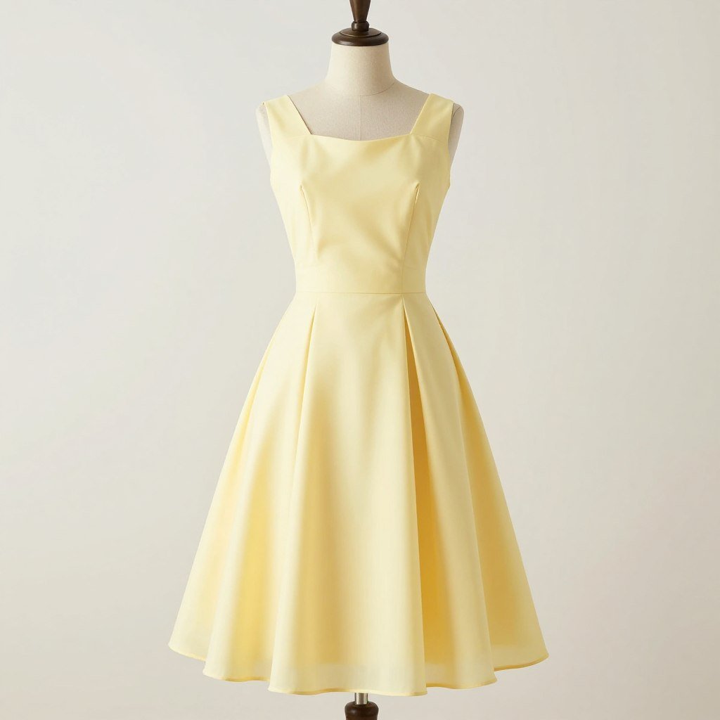 A yellow dress displayed on a mannequin against a light background