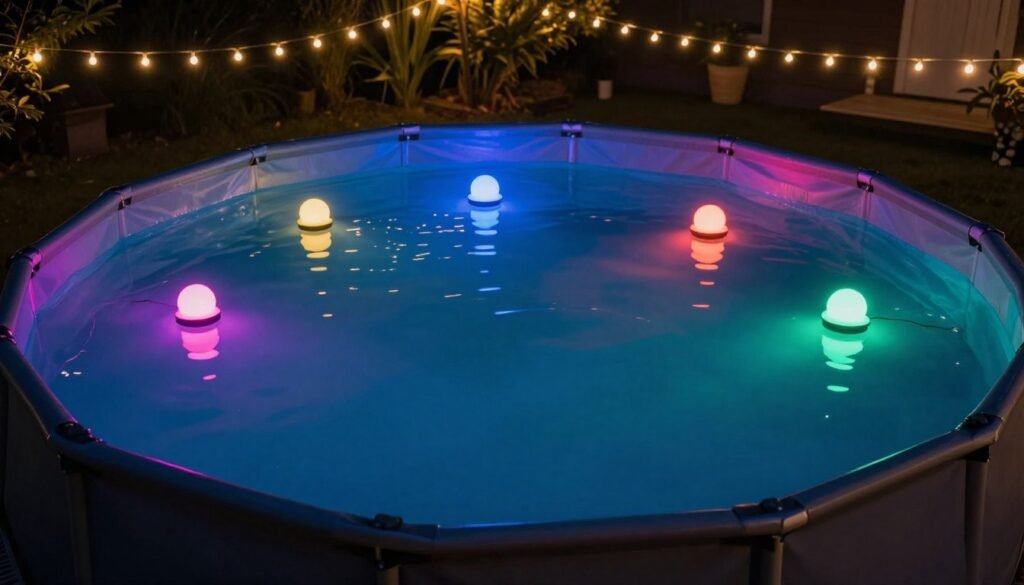 Above ground pool at night with homemade floating LED lights creating a magical atmosphere