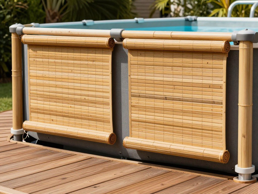Above ground pool deck with bamboo roll-up blinds providing adjustable privacy