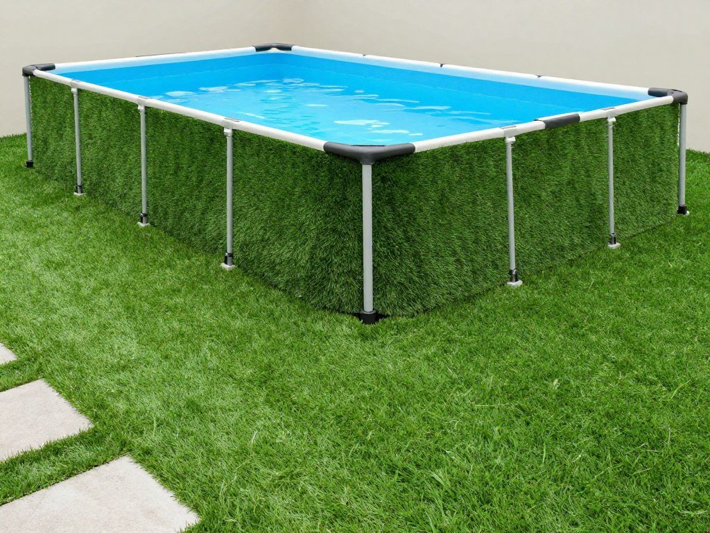 Above ground pool surrounded by artificial grass creating a lush, maintenance-free perimeter