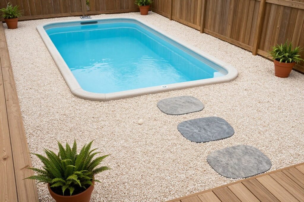 Above ground pool surrounded by pea gravel and large flat stepping stones creating a clean perimeter