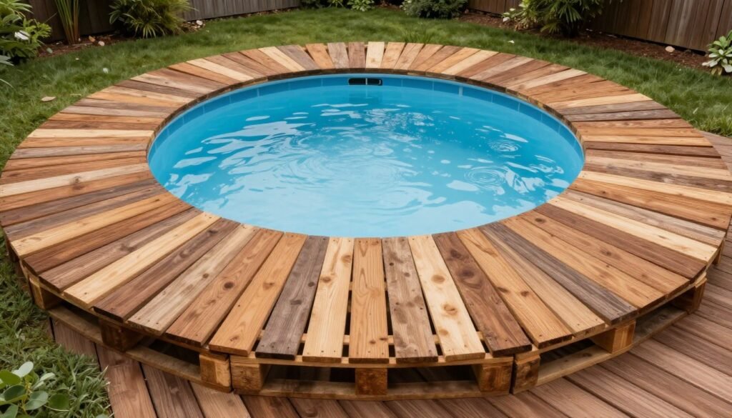 Above ground pool surrounded by repurposed wooden pallets creating a rustic deck