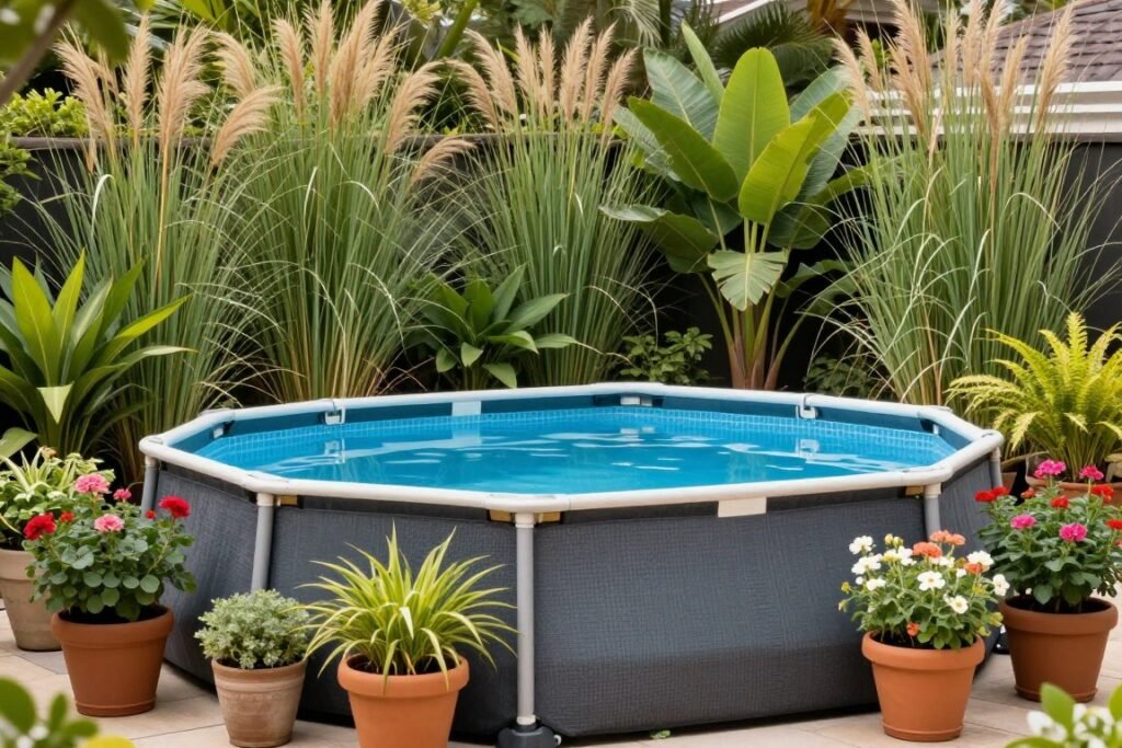 Above ground pool surrounded by strategic potted plants creating a tropical oasis feel