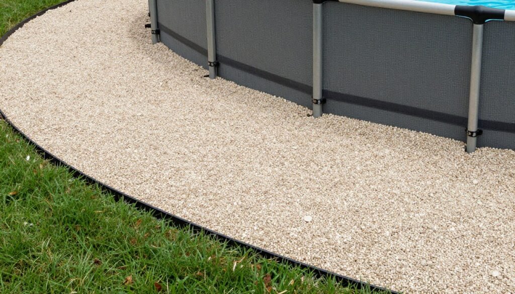Above ground pool with a neat pea gravel perimeter contained by landscape edging