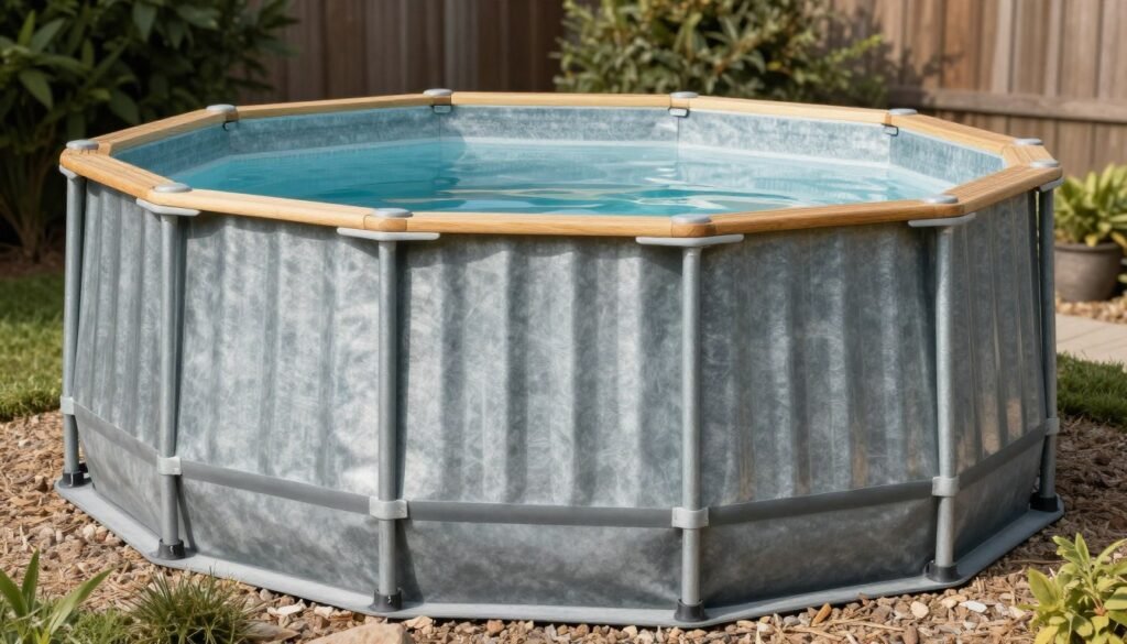 Above ground pool with corrugated metal panels creating an industrial-modern aesthetic