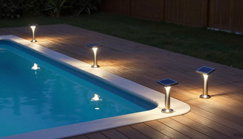 Above ground pool with solar-powered deck lights illuminating the perimeter at night