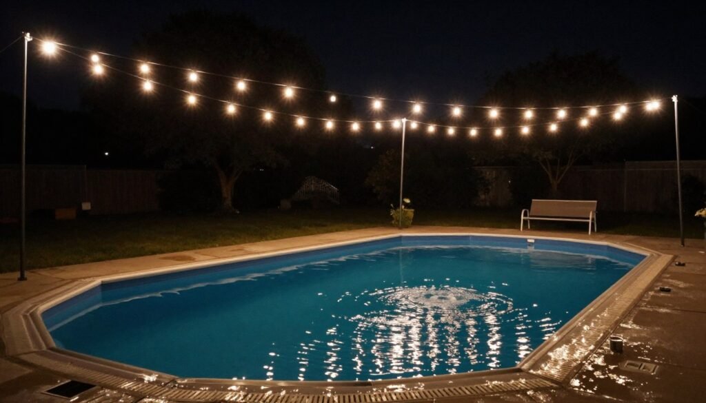Above ground pool with string lights hung overhead creating a magical evening atmosphere