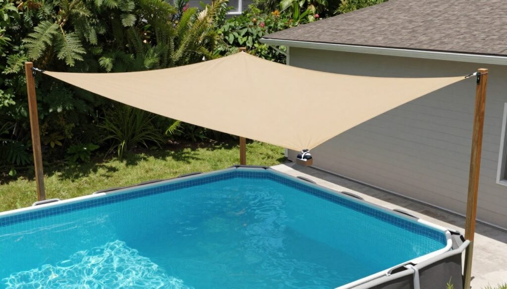 Above ground pool with triangular sail shade providing partial sun protection