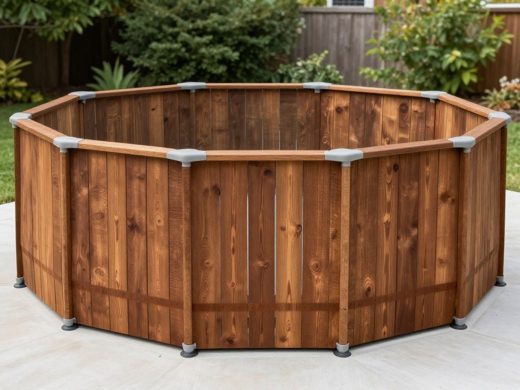 Above ground pool with vertical wooden slats surrounding the exterior walls