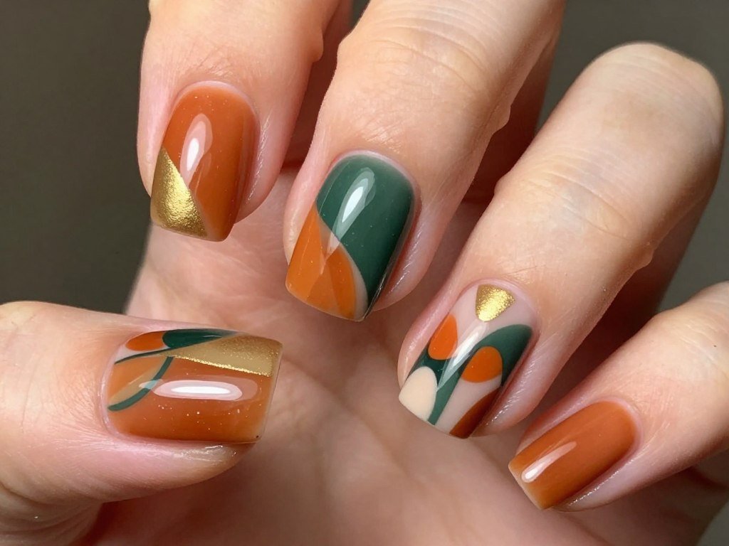 Abstract geometric nail art in fall colors