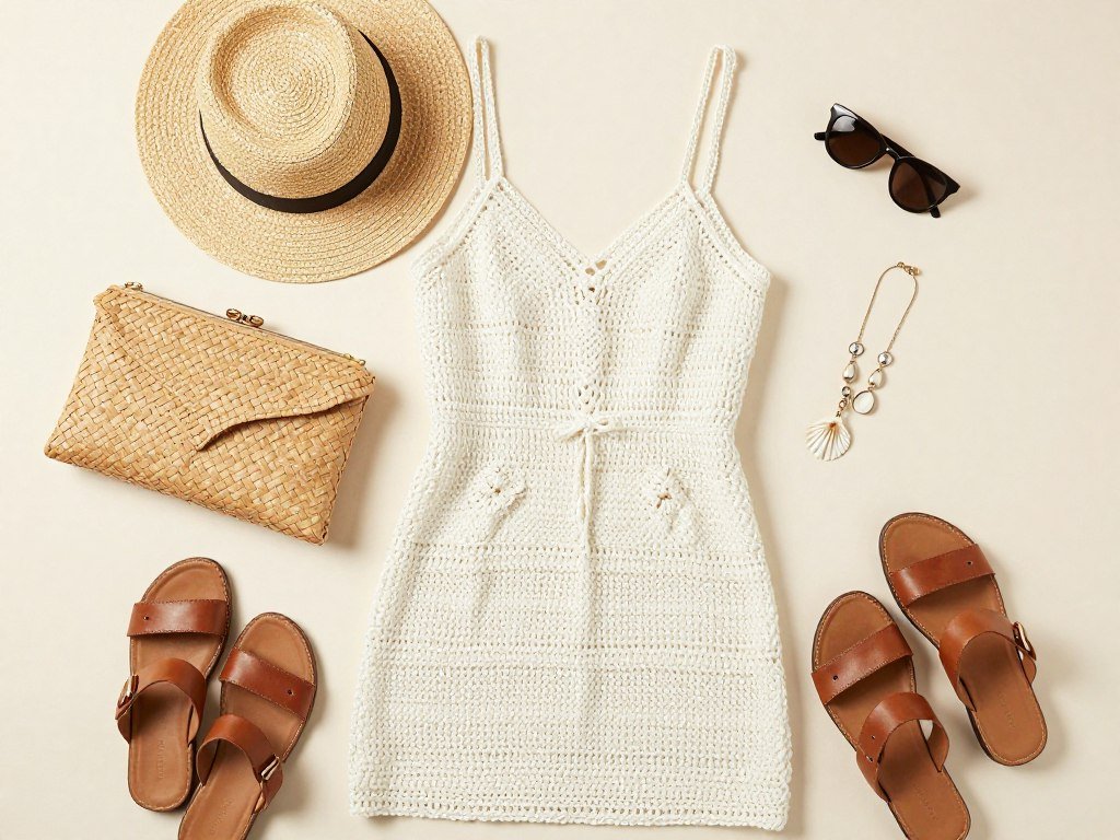 Accessories for styling crochet dresses including hats and bags
