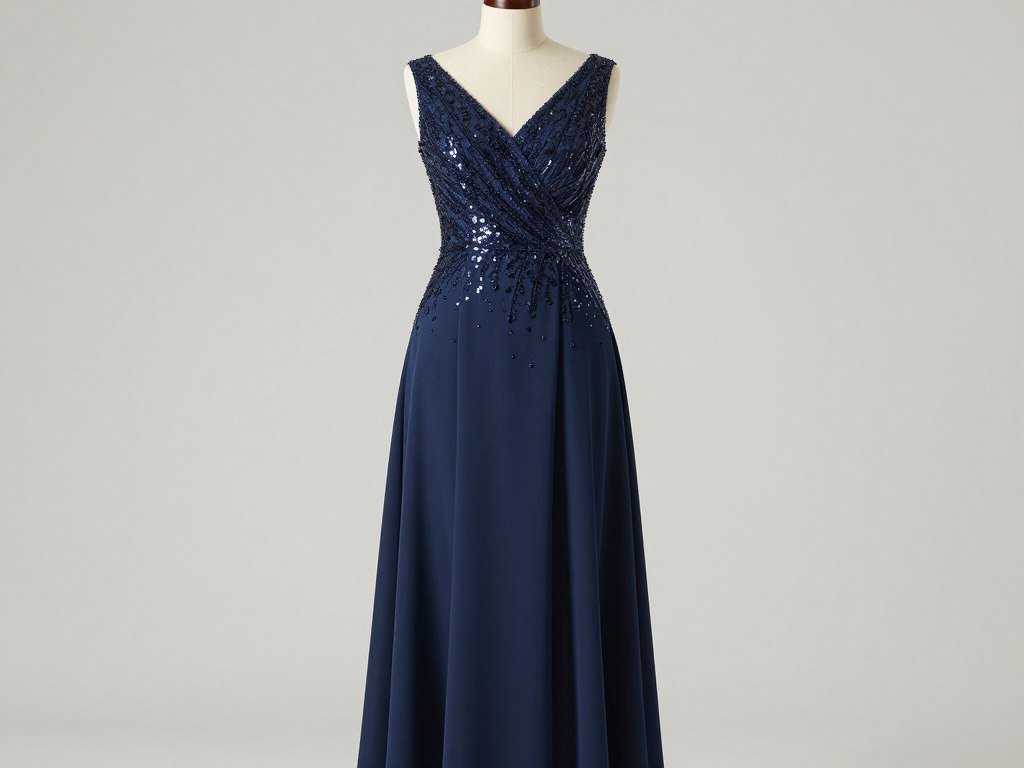 An elegant black tie plus size wedding guest dress in navy blue with sequin details