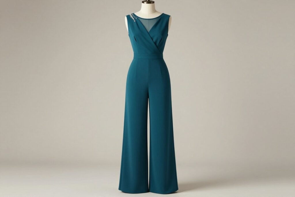 An elegant wide-leg jumpsuit in teal with subtle embellishments displayed on a mannequin