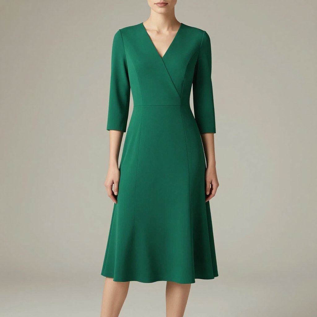 An emerald green A-line midi dress with V-neckline and three-quarter sleeves showing the classic silhouette