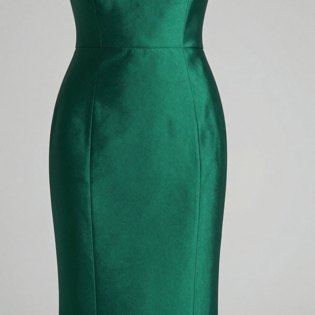 An emerald green mikado midi dress with architectural details and structured silhouette for formal fall weddings
