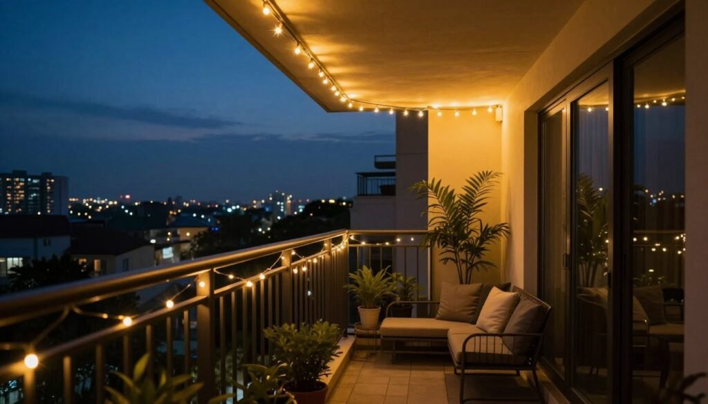 Apartment balcony at dusk with string lights creating a magical atmosphere