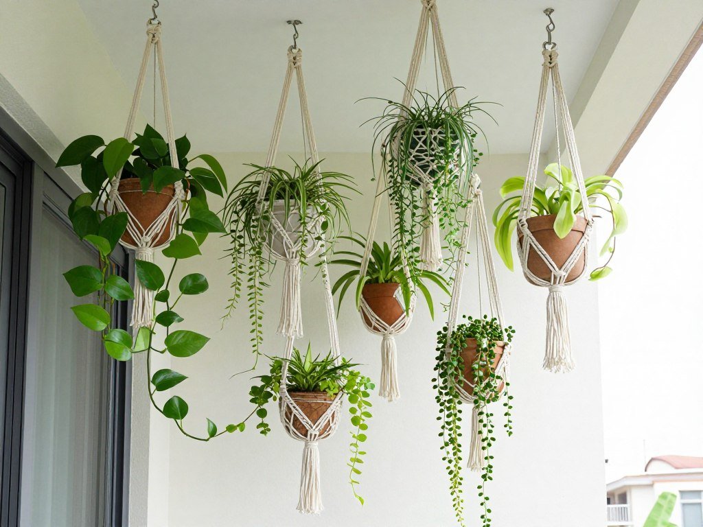 Apartment balcony ceiling with macrame plant hangers holding various trailing plants