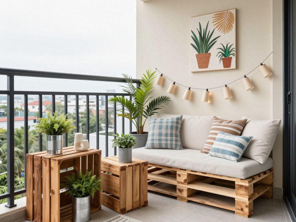 Apartment balcony decorated with DIY and upcycled elements creating a stylish space on a budget
