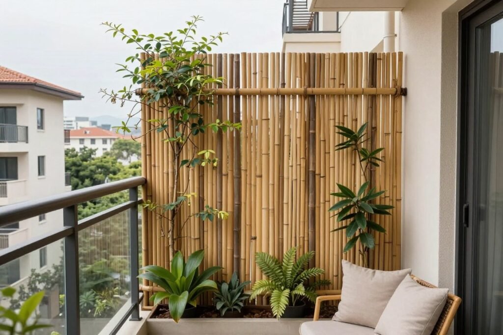 Apartment balcony with bamboo privacy screen and climbing plants for seclusion