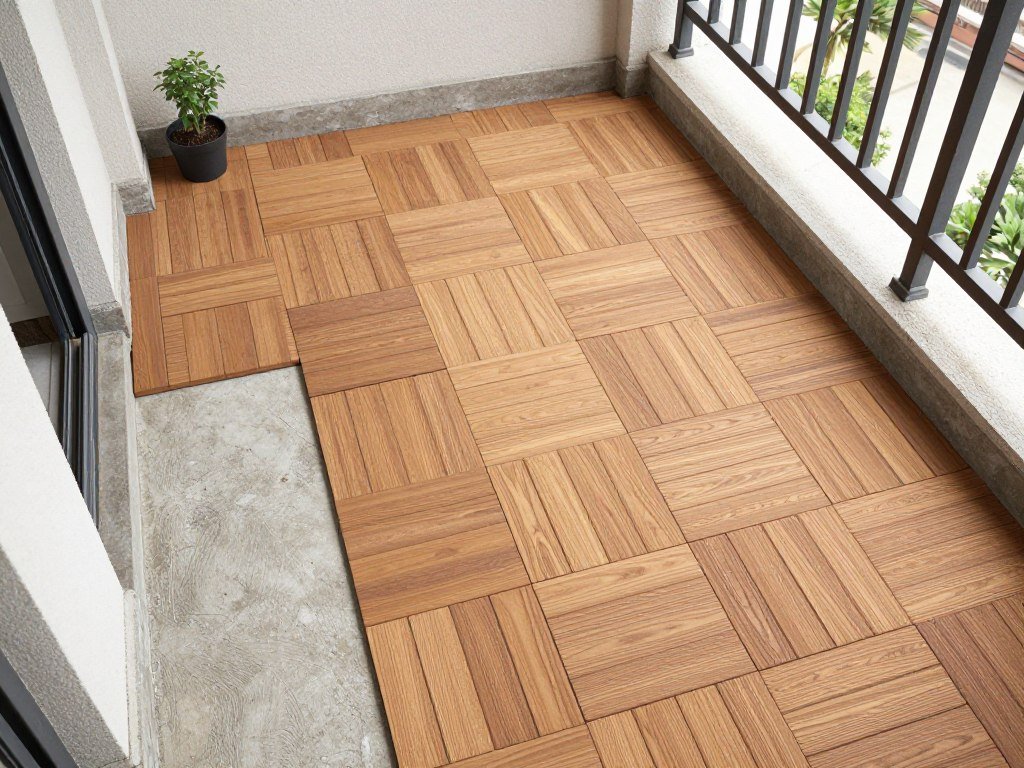 Apartment balcony with interlocking wooden deck tiles transforming a concrete floor