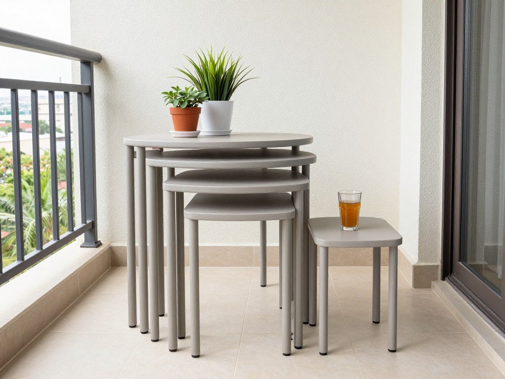 Apartment balcony with nesting tables that can be separated or combined as needed