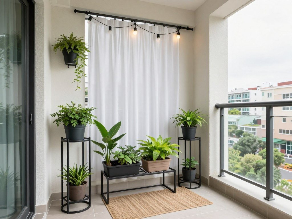 Apartment balcony with no-drill decorating solutions like tension rods and free-standing elements