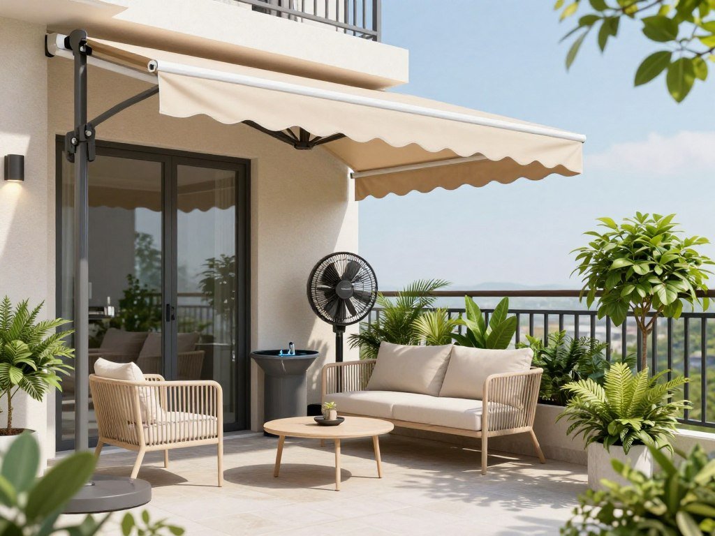 Apartment balcony with retractable awning, outdoor fan, and light-colored furniture for summer comfort