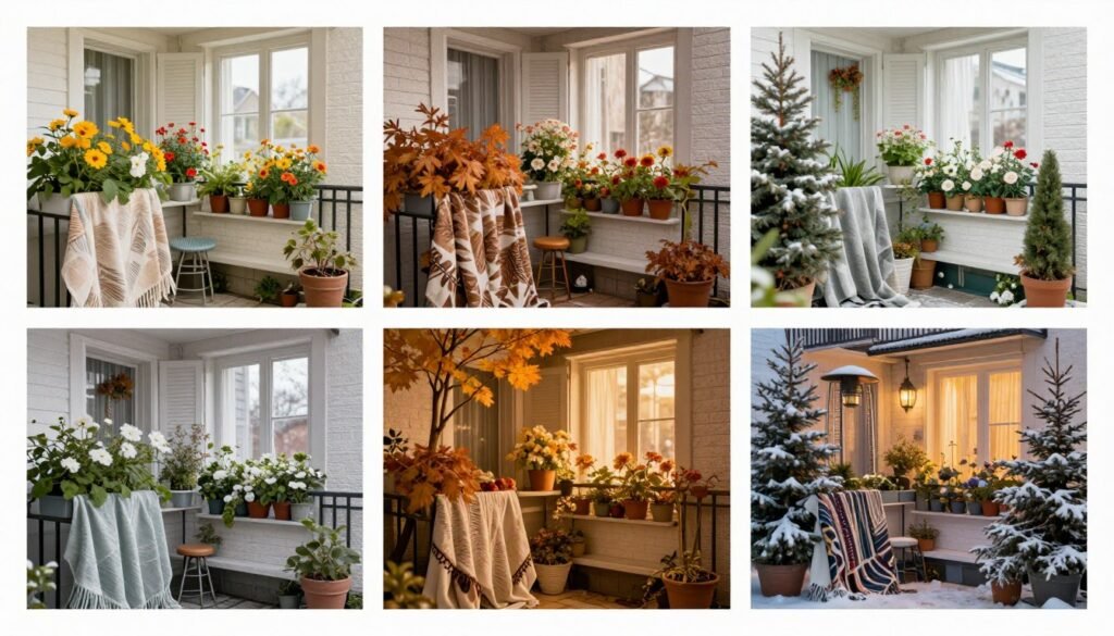 Apartment balcony with seasonal decorative elements showing how the space can transition through the year